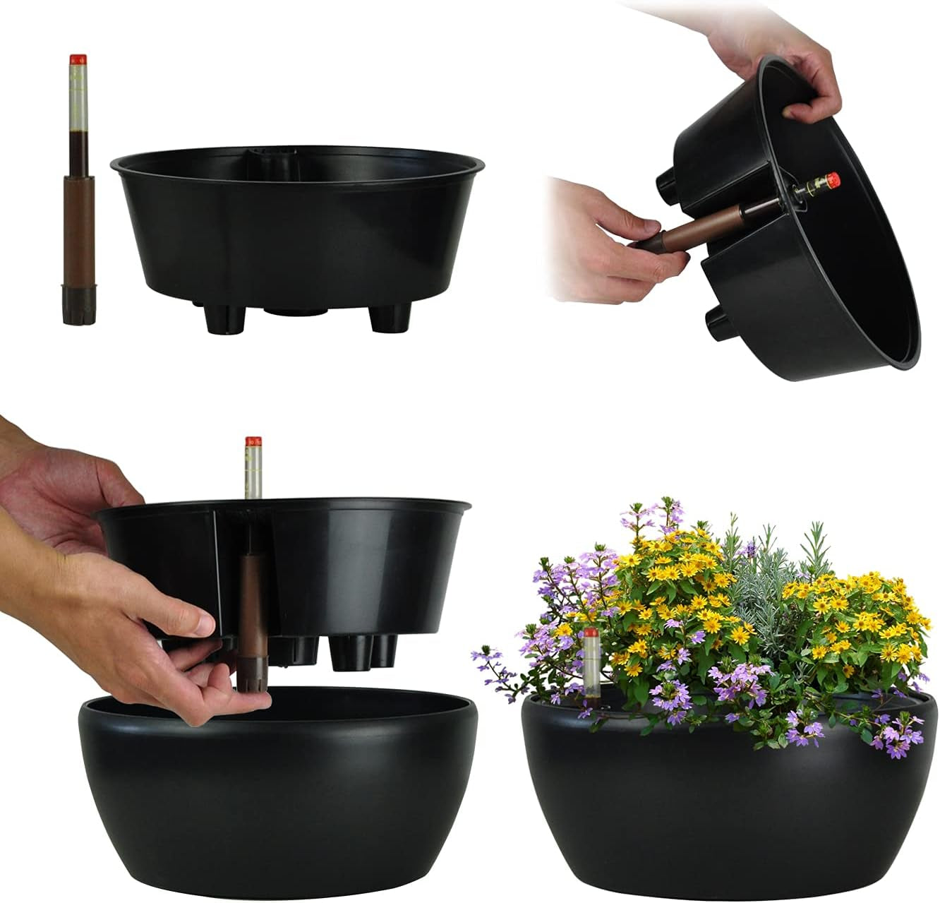 11 Inch Self Watering Planters for Indoor Healthy Plants-Flower Pot with Water Level Indicator,Round Shape Black Matte Modern Decorative Planter Pot 2 Pack (Black), RB-ZXS-1012