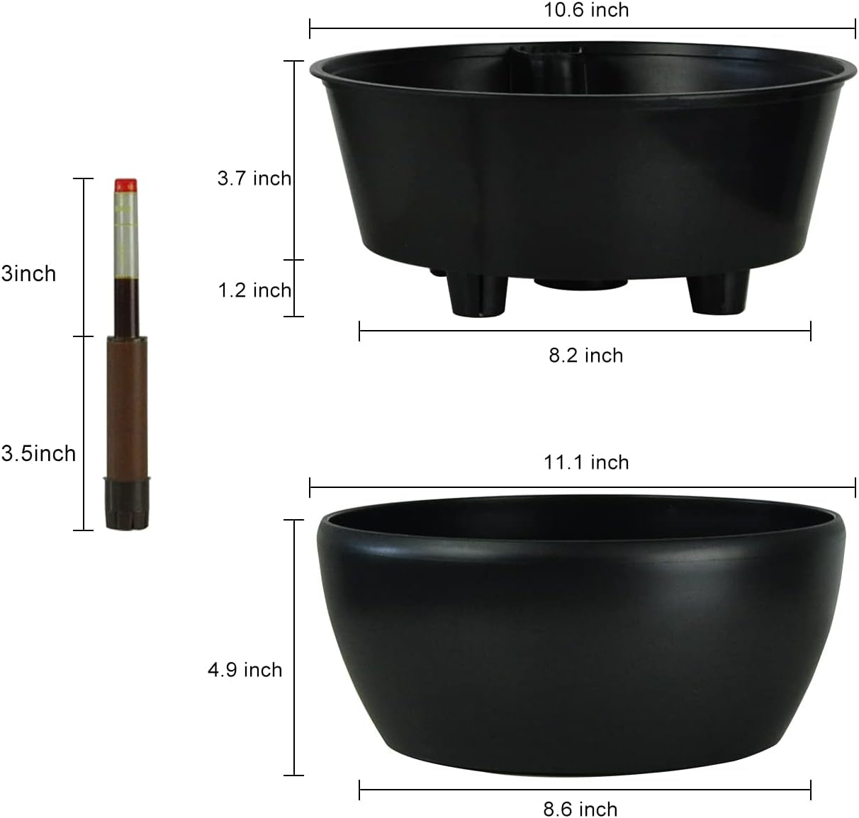 11 Inch Self Watering Planters for Indoor Healthy Plants-Flower Pot with Water Level Indicator,Round Shape Black Matte Modern Decorative Planter Pot 2 Pack (Black), RB-ZXS-1012