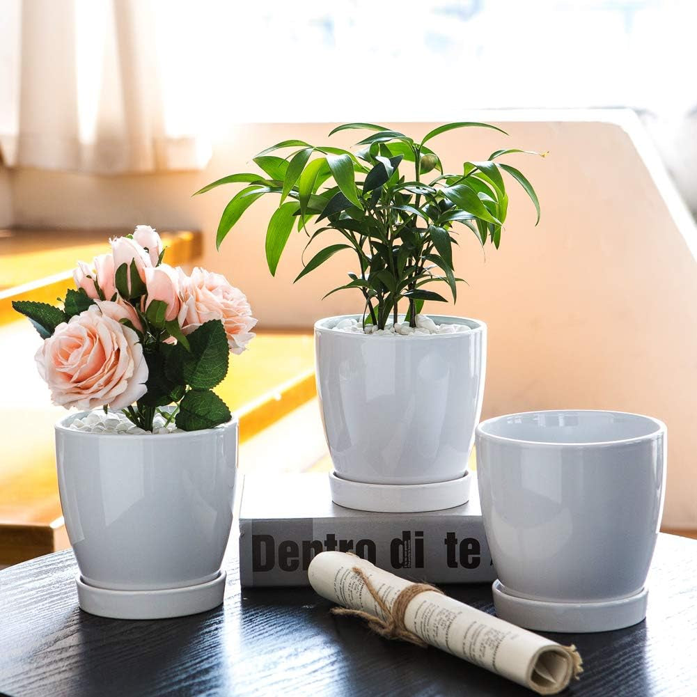 Plant Pots–4.7”Glazed Ceramic Flower Pot with Drainage Holes and Ceramic Tray - Gardening Home Desktop Office Windowsill Decoration Gift Set 3 - Plants NOT Included (White)