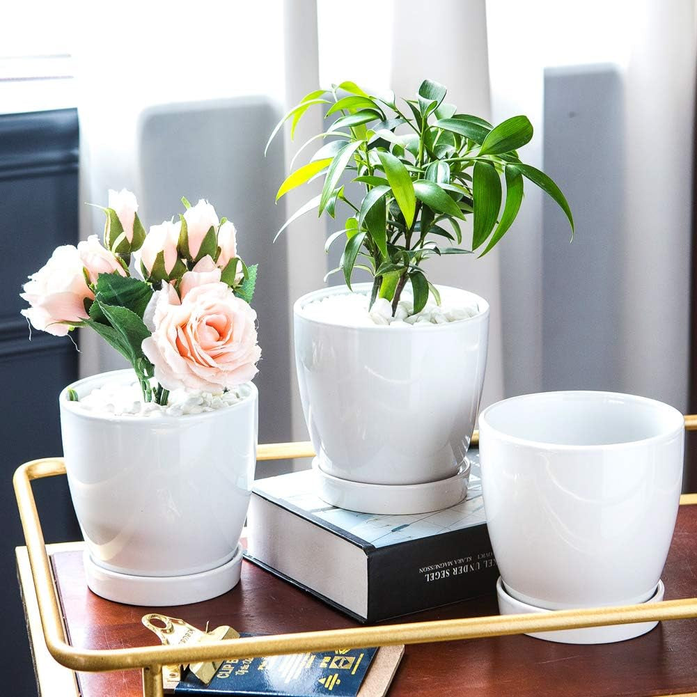 Plant Pots–4.7”Glazed Ceramic Flower Pot with Drainage Holes and Ceramic Tray - Gardening Home Desktop Office Windowsill Decoration Gift Set 3 - Plants NOT Included (White)