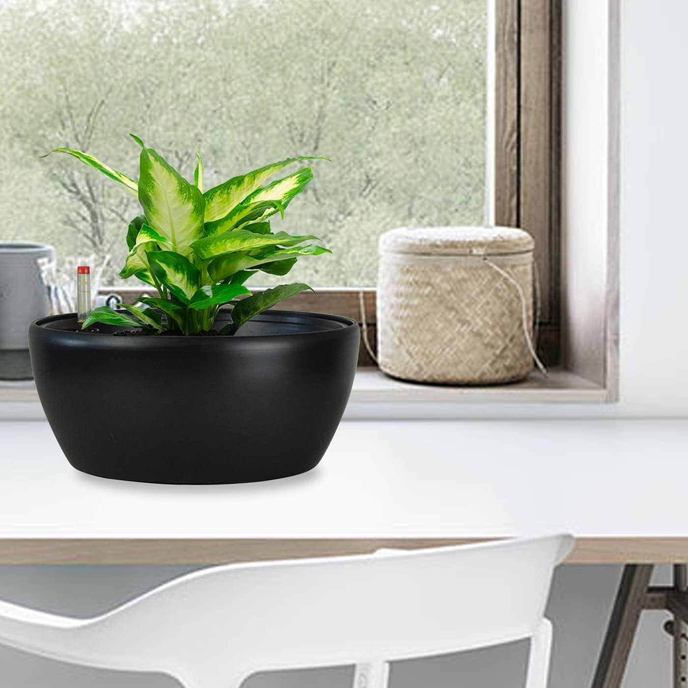 11 Inch Self Watering Planters for Indoor Healthy Plants-Flower Pot with Water Level Indicator,Round Shape Black Matte Modern Decorative Planter Pot 2 Pack (Black), RB-ZXS-1012