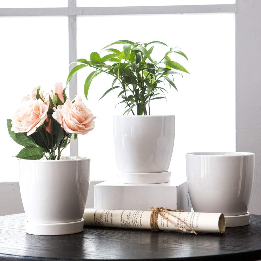 Plant Pots–4.7”Glazed Ceramic Flower Pot with Drainage Holes and Ceramic Tray - Gardening Home Desktop Office Windowsill Decoration Gift Set 3 - Plants NOT Included (White)