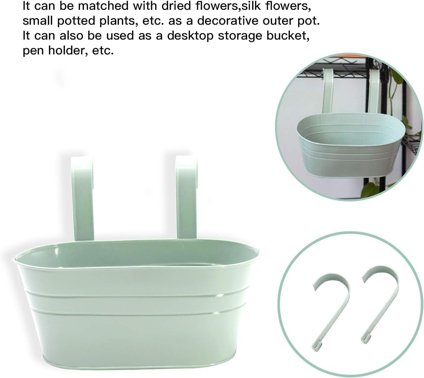 2 Pcs Metal Hanging Flower Plant Pots, Metal Bucket Flower Pots, Fence Bucket, Hanging Flower Pot for Indoor and Outdoor, Storage Bucket in Kitchen or Bathroom, Detachable Hook ASIN: B08KGK6VTP