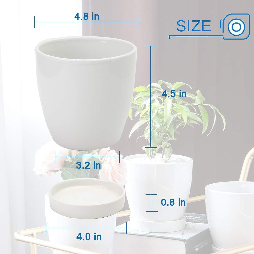 Plant Pots–4.7”Glazed Ceramic Flower Pot with Drainage Holes and Ceramic Tray - Gardening Home Desktop Office Windowsill Decoration Gift Set 3 - Plants NOT Included (White)