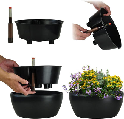 11 Inch Self Watering Planters for Indoor Healthy Plants-Flower Pot with Water Level Indicator,Round Shape Black Matte Modern Decorative Planter Pot 2 Pack (Black), RB-ZXS-1012