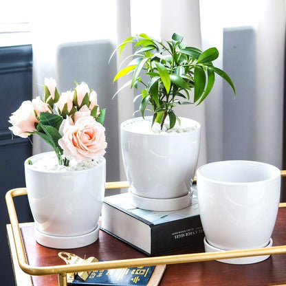 Plant Pots–4.7”Glazed Ceramic Flower Pot with Drainage Holes and Ceramic Tray - Gardening Home Desktop Office Windowsill Decoration Gift Set 3 - Plants NOT Included (White)