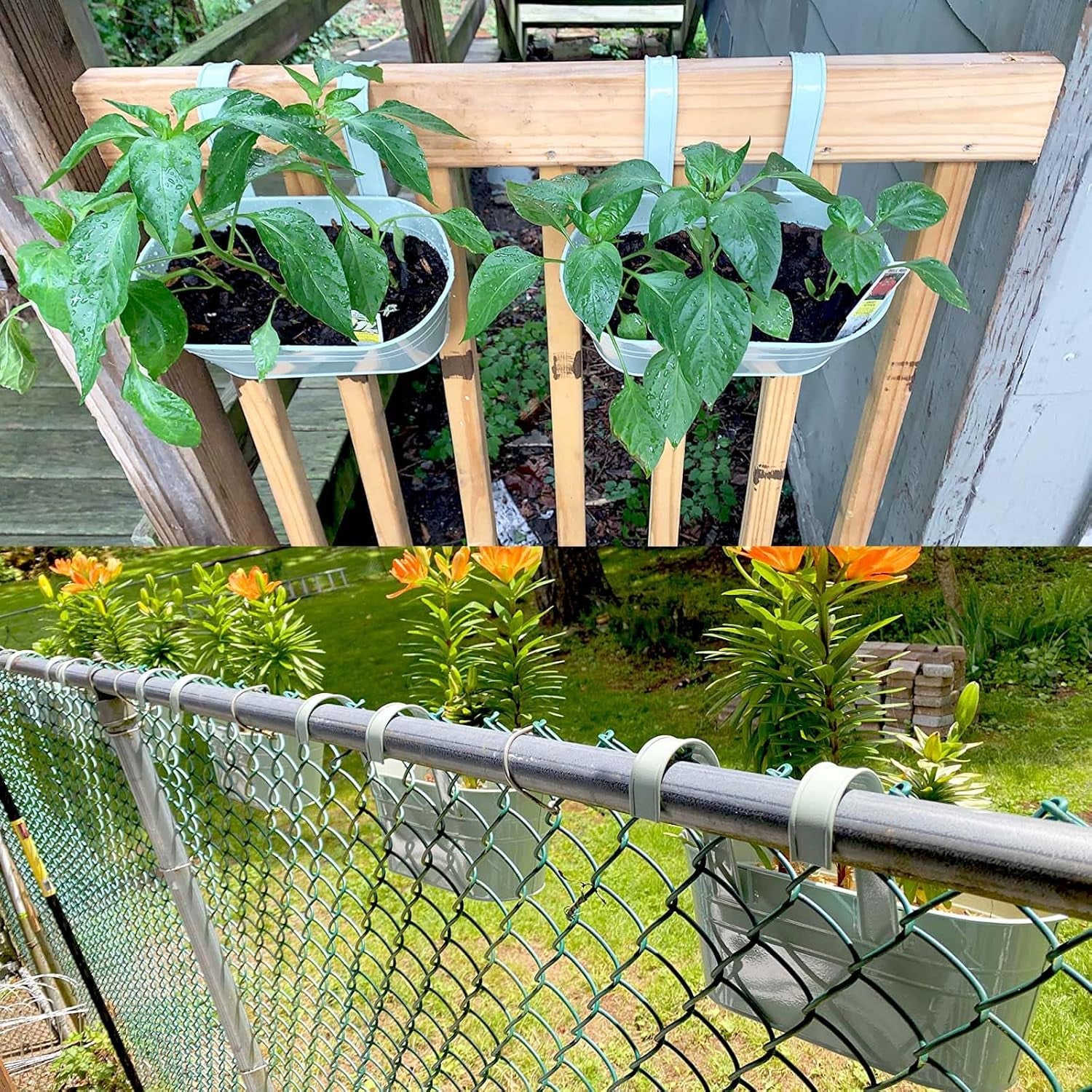 2 Pcs Metal Hanging Flower Plant Pots, Metal Bucket Flower Pots, Fence Bucket, Hanging Flower Pot for Indoor and Outdoor, Storage Bucket in Kitchen or Bathroom, Detachable Hook ASIN: B08KGK6VTP