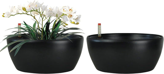 11 Inch Self Watering Planters for Indoor Healthy Plants-Flower Pot with Water Level Indicator,Round Shape Black Matte Modern Decorative Planter Pot 2 Pack (Black), RB-ZXS-1012
